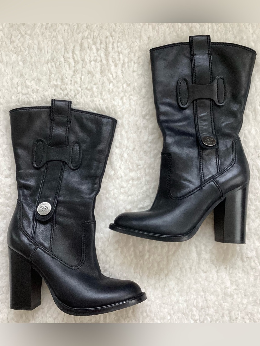 BCBGeneration Black Mid-Calf Leather Block Heeled Calf Boots Size 8.5